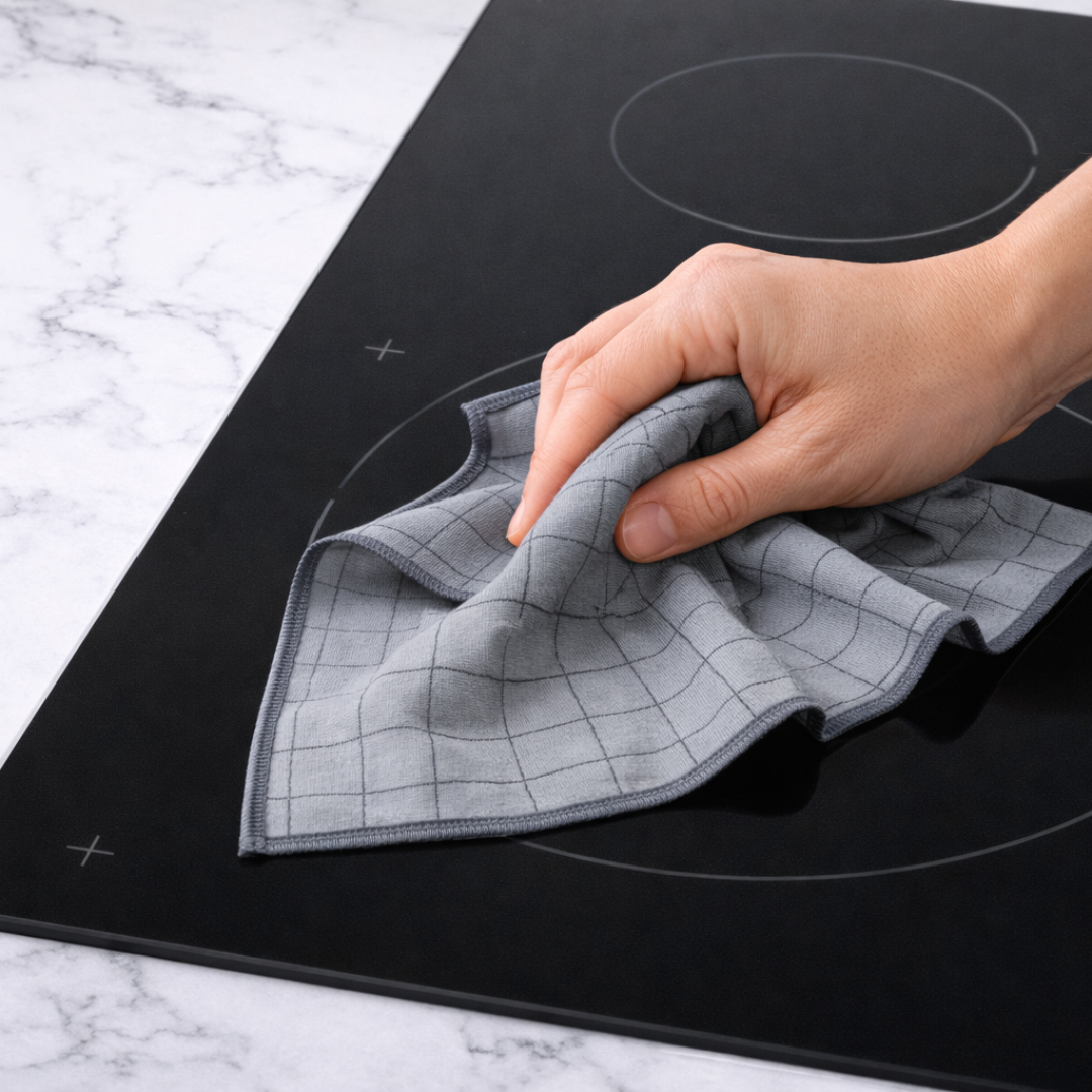 Hand polishing a black glass cooktop with a grey MagiCloth